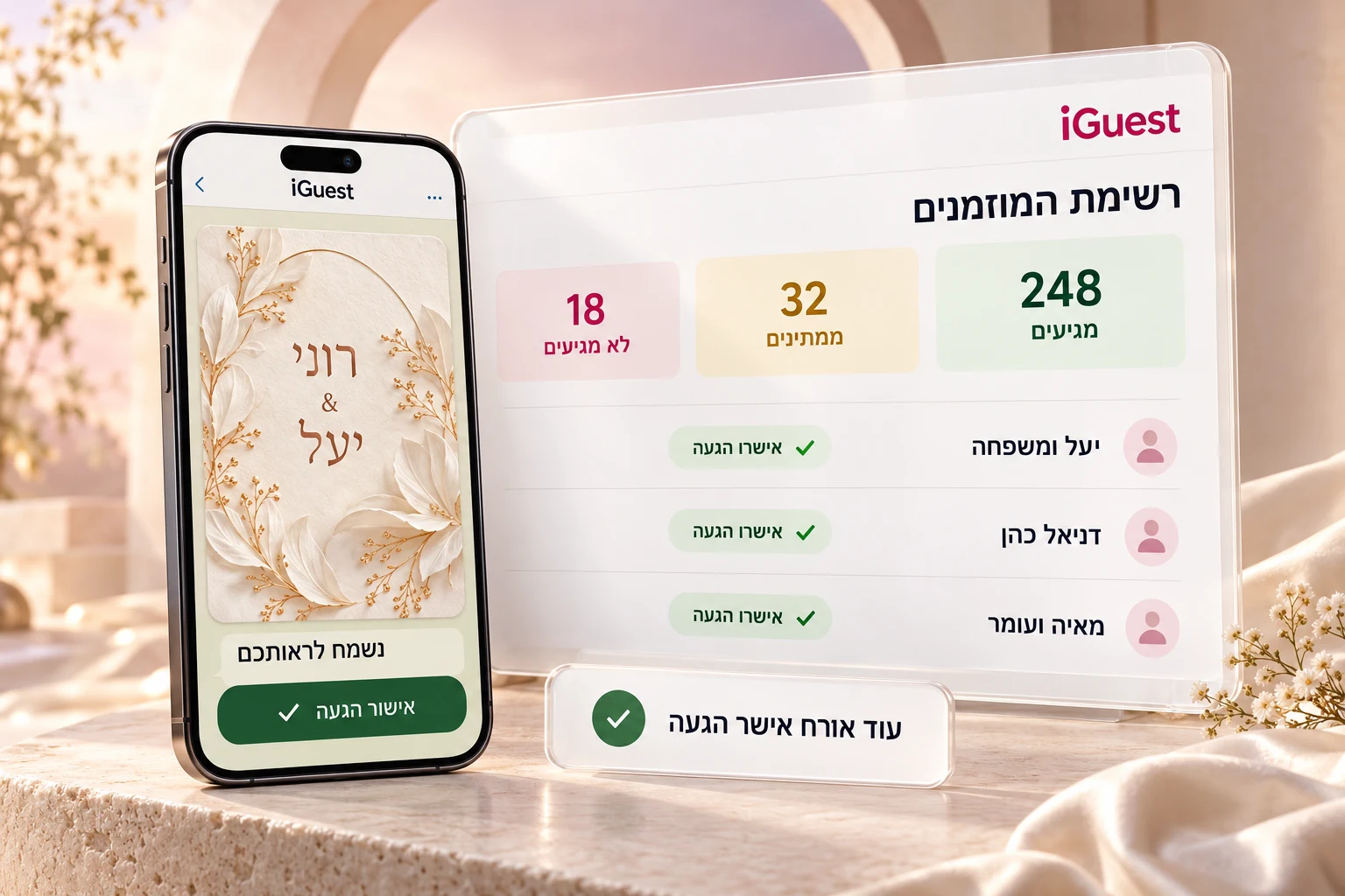המחשת iGuest: הזמנה ואישור הגעה בוואטסאפ לצד רשימת מוזמנים שמתעדכנת אוטומטית